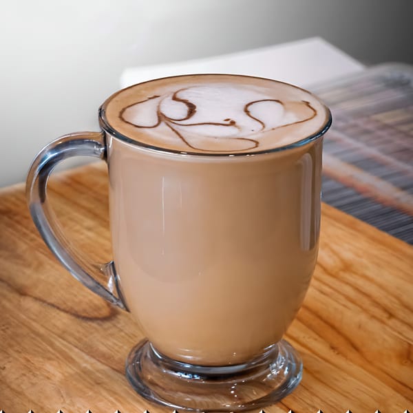 A glass mug of coffee with latte art on a wooden table at Eparepa.